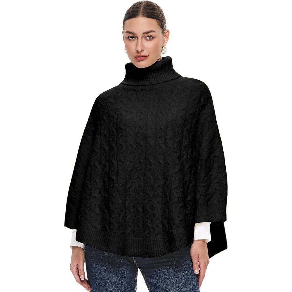 Women Knit Turtleneck Poncho Sweater Cape Warm Wool Blend Fall Winter